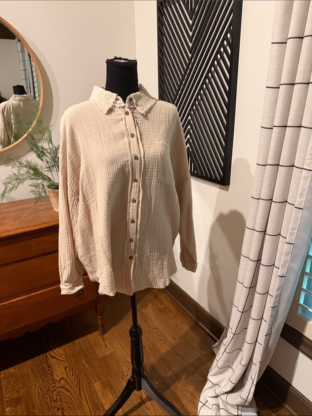 Zenana Outfitters Cream Textured Button-Up Shirt large